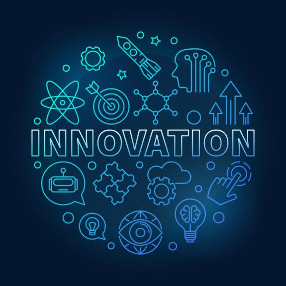 Innovation vector round blue linear illustration Innovation vector round blue illustration made of innovations icons in outline style on dark background